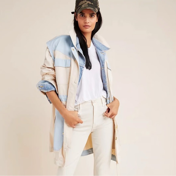Anthropologie Retro Catelyn Colorblock Utility Anorak Jacket Cream and Blue| XXS - Picture 6 of 16